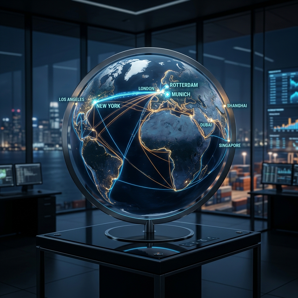 Premium photo-realistic layout representing a digital high-tech globe showing global transportation and logistics connections.
