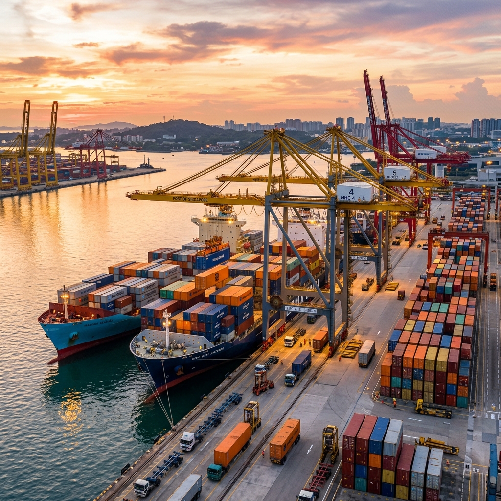 Premium photo-realistic layout representing a cargo terminal with containers, cranes, and container ships at sunset.