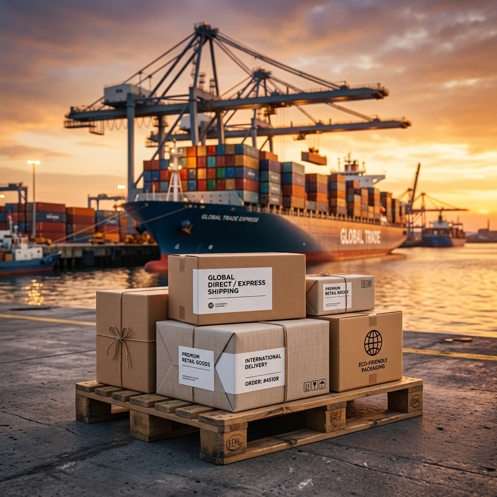 Vibrant commercial photo of shipping boxes stacked on a clean wooden pallet at a cargo shipping port during a warm sunset.